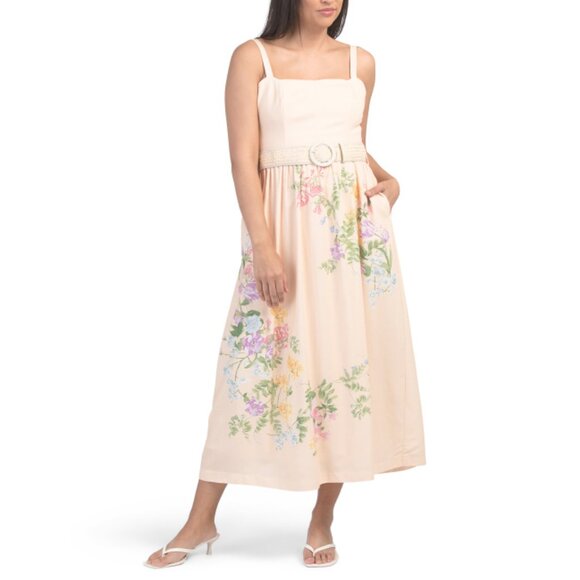 TAYLOR Melon Multi Floral Print Dress With Rattan Belt